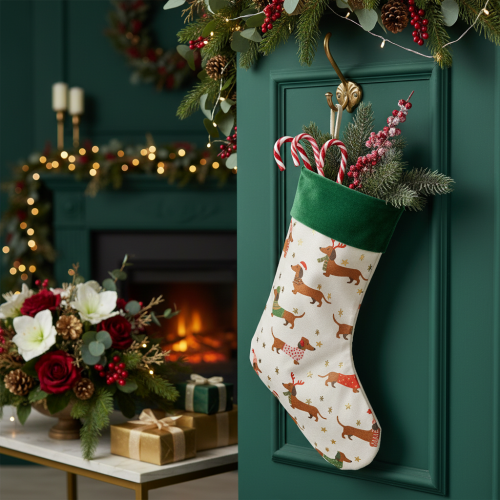 Artikel Stoff-Weihnachtssocke 50 cm mit Dackel-Motiv in Grün und Weiß für Innenbereich