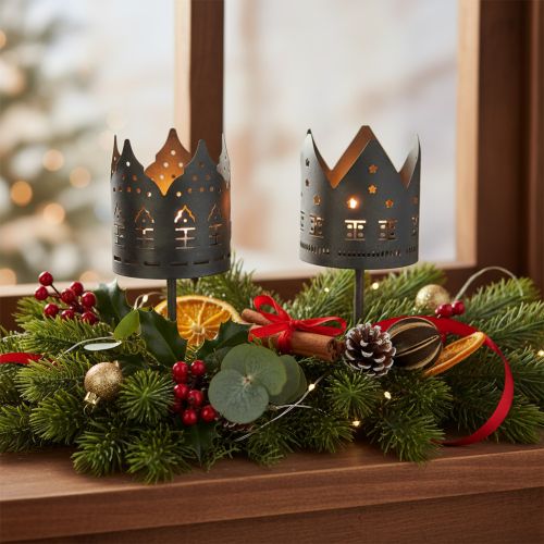 Teelichthalter mit Steckdorn Metall Häuser-Motiv dunkelgrau Ø 6cm 2er-Set | Floristik21.de