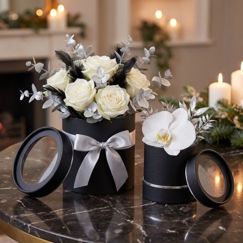 Blumenbox rund Karton Schwarz, Silber Ø10/12cm 2er Set | Floristik21.de