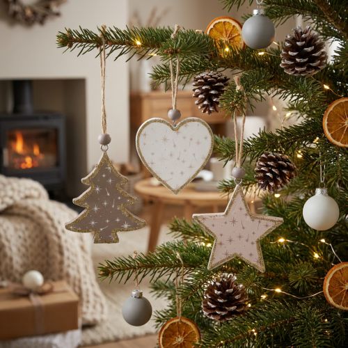 Weihnachtsanhänger Sterne Bäume Herzen Holz Deko Vintage Skandi Stil 6 Stück | Floristik21.de
