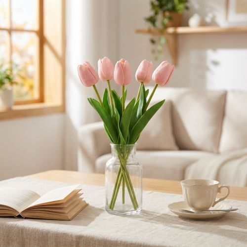 Artikel Kunstblumen Tulpe Rosa, Frühlingsblume 48cm 5er-Bund