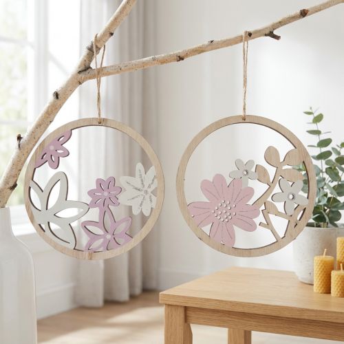 Dekohänger Holz Blumen Natur Weiß Lila Glitter Ø12cm 6 St | Floristik21.de