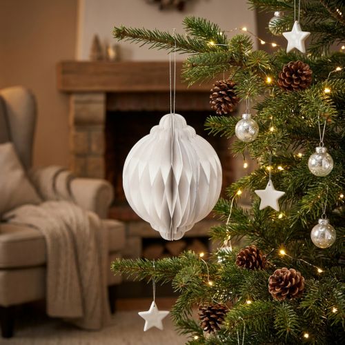 Wabenkugel Weihnachtskugel Papier Weiß FSC Ø15cm H20cm | Floristik21.de