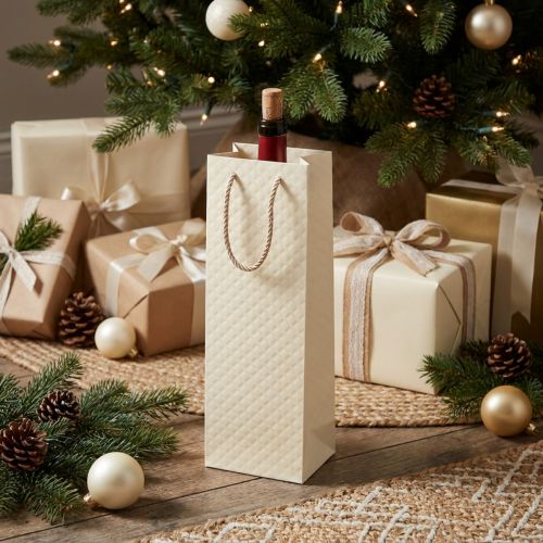 Geschenktüte für Flaschen Papier Creme 12×9×36cm mit edlem Design und Stoffhenkeln | Floristik21.de