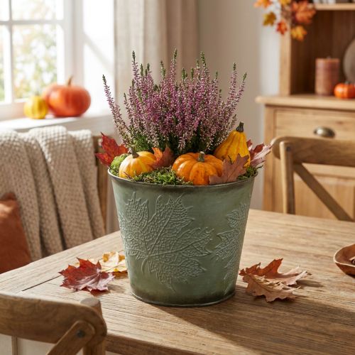 Pflanztopf mit Herbstdeko, Metalldeko, Herbstgefäß Grün Ø18,5cm H17cm | Floristik21.de