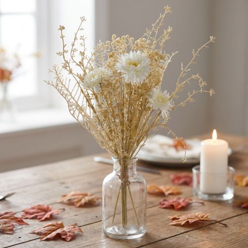 Artikel Künstlicher Blumenstrauß mit Astern und Schleierkraut in Beige und Weiß, Perfekt für Hochzeitsdeko und Herbstarrangements, 43cm
