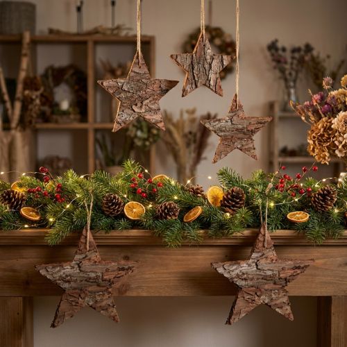 Artikel Piniensterne Natur-Deko 15cm – Hängende Holzsterne für Weihnachten, 4er-Set