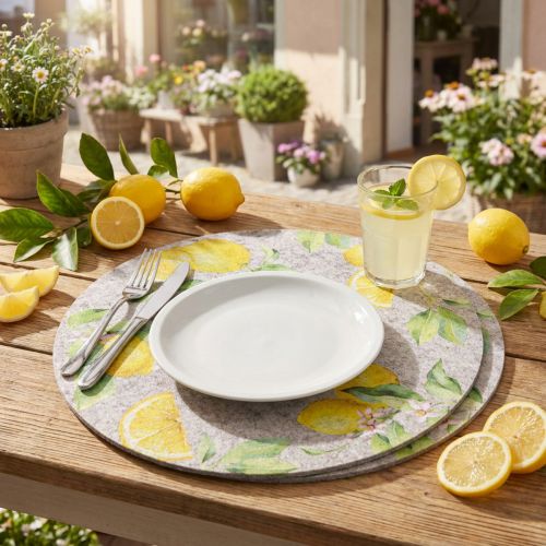 Artikel Runde Filz-Platzdeckchen Grau Zitrone 31cm 2er-Set für Sommer, Tischdeko, Schutz, langlebig