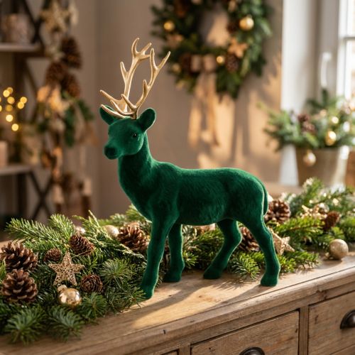Hirsch stehend Dekofigur Grün Gold Tischdeko Advent 27cm | Floristik21.de