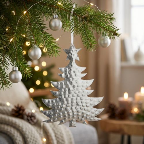 Anhänger Tannenbaum, Adventsdeko, Metalldeko für Weihnachten, Silbern 20,5×15,5cm | Floristik21.de