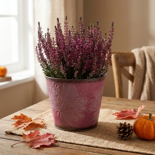 Pflanztopf mit Blattdeko, Herbstdeko, Metallübertopf Weinrot Ø16,5cm H14,5cm | Floristik21.de
