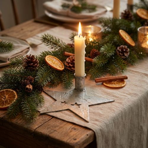 Artikel Metalldeko Stern, Stabkerzenhalter für Weihnachten Silbern, Antik-Optik 20cm×19,5cm