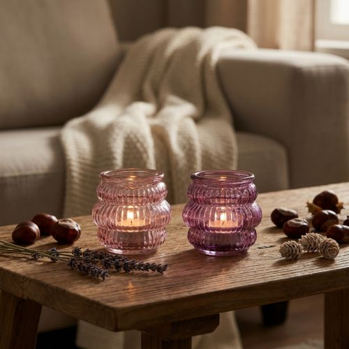 Teelichthalter Glas Deko Lila Rosa Ø7,5cm H7,5cm 2St | Floristik21.de