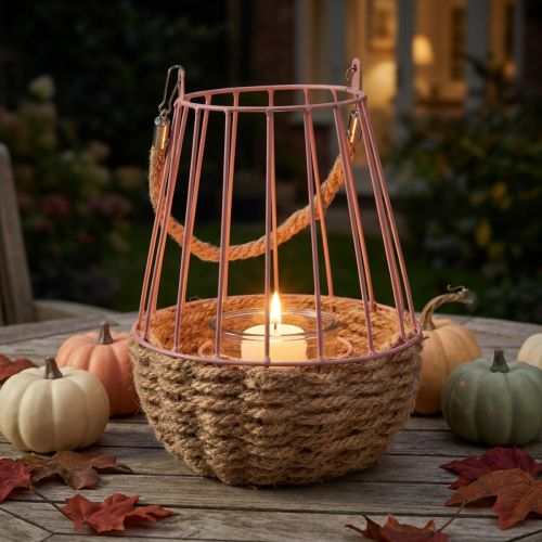 Windlicht mit Kerzenglas Rosa Natur Hanf Henkel Ø18cm H22cm für Indoor & Outdoor Deko | Floristik21.de