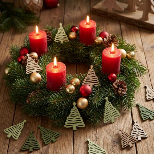 Weihnachts-Streuteile Tanne mit Stern in Grün & Naturtönen, Holz 3x4,5cm, 72er Set | Floristik21.de