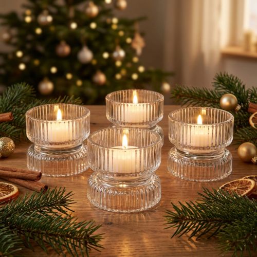 Stilvoller Teelichthalter Geriffelt Glas Klar Ø9cm H7cm für Dekoration und Events 4er-Set | Floristik21.de