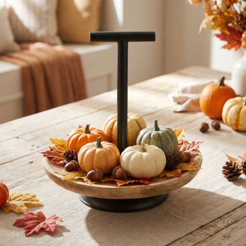 Artikel Etagere einstöckig Metall Holztablett Dekoration Schwarz Natur 24cm