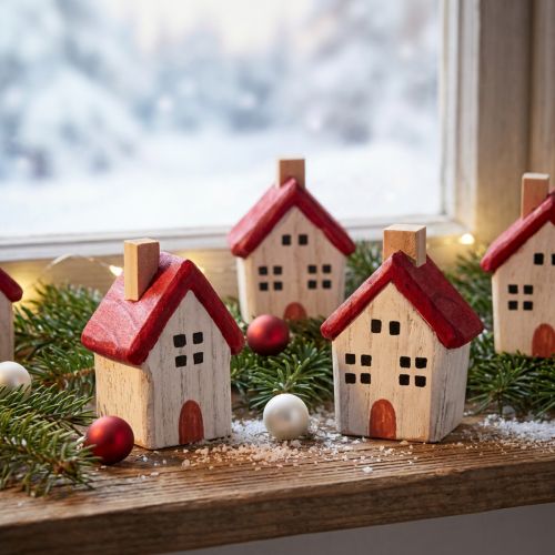 Weihnachtshäuschen Holz Weihnachtsdeko Rot Weiß Set 7cm 6 St. – Charmante Tischdeko für Weihnachten | Floristik21.de