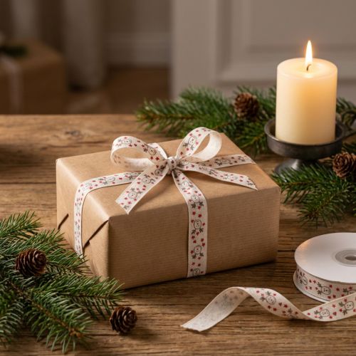 Weihnachtsband Rentiere Creme Rot 15mm 18m Dekoration Geschenkband | Floristik21.de