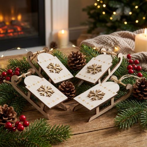 Artikel Weihnachtsschlitten Holz Weiß/Gold 15,5x6,5x4cm 4St