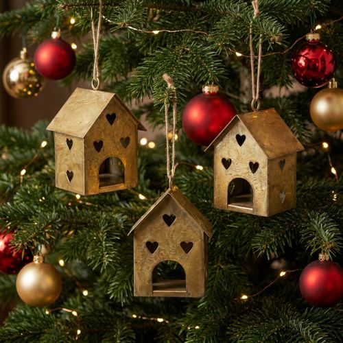 Weihnachtsanhänger Metall Haus Vintage Gold H9,5cm 3St | Floristik21.de