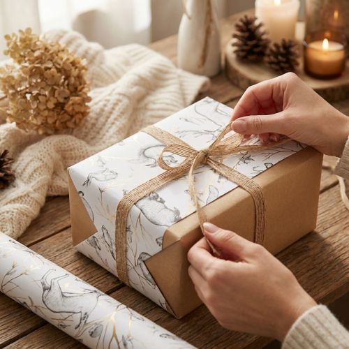 Artikel Geschenkpapier Tiere Weiß Grau Gold Herbst Winter 200cm für Floristen