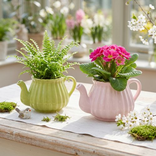 Keramik Deko Teekanne Übertopf Rosa Grün 19,5×13,5×11cm Set 2 St | Floristik21.de