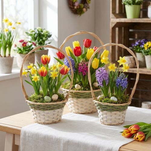 Blumenkorb Henkel Natur Grün Grau Weiß Ø18–26cm 3er-Set Shabby Chic Deko-Körbe | Floristik21.de