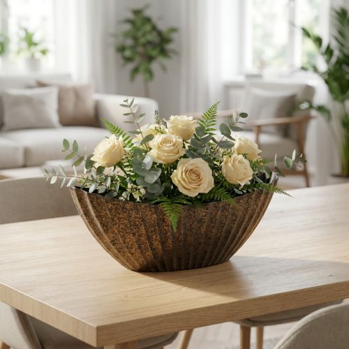 Artikel Pflanzschale mit Rillen oval Schiffchen Anthrazit Gold 36cm für Floristen