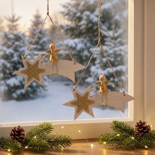 Engel auf Sternschnuppe, Weihnachtsdeko zum Hängen, Advent Weiß, Golden H13cm B21,5cm 2St | Floristik21.de