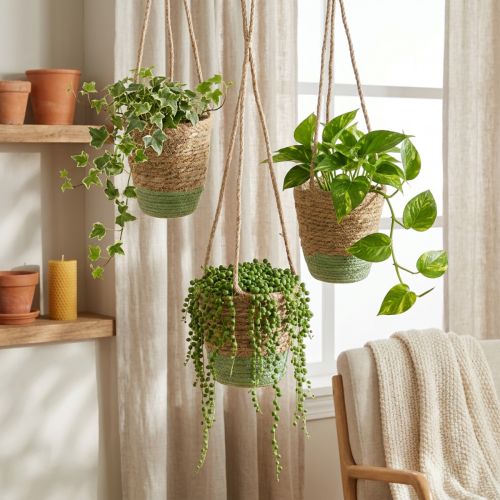 Artikel Blumenampel, Naturkorb, Pflanzgefäß zum Hängen Naturfarben, Grün Ø19/17/15cm 3er-Set