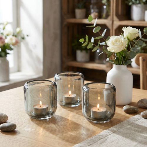 Teelichthalter Glas Grau, 8cm, 6 Stück, mit Rillenstruktur | Floristik21.de