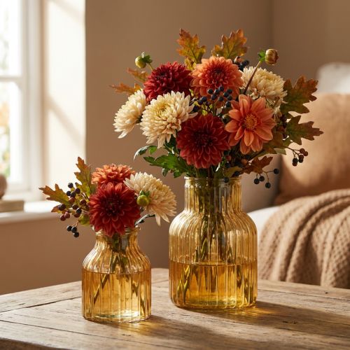 Artikel Blumenvase Glas 2er-Set Ø11cm H14,5cm Orange gerillt
