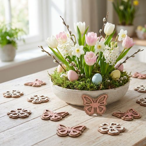 Streudeko Holz Blumen/Schmetterlinge Weiß/Rosa Ø4cm 36St | Floristik21.de