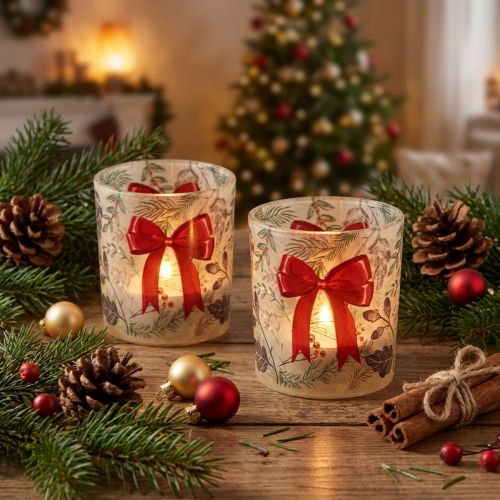 Windlicht Glas 8cm mit Weihnachtsmotiv Rot-Grün 2er-Set für Innenräume | Floristik21.de