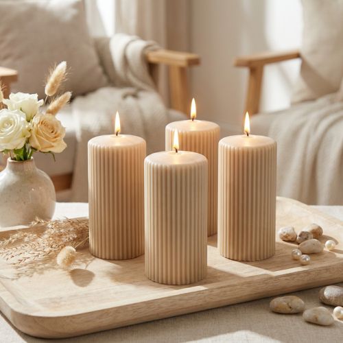 Stumpenkerzen Beige 70/130mm Rillenkerzen 4 Stück