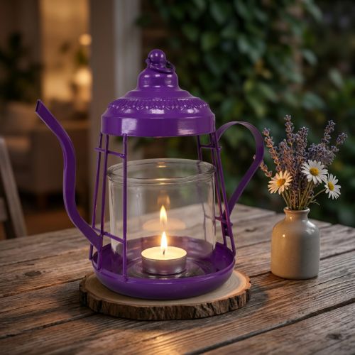 Teelichthalter Glas Windlicht Teekanne Lila Ø15cm H26cm | Floristik21.de