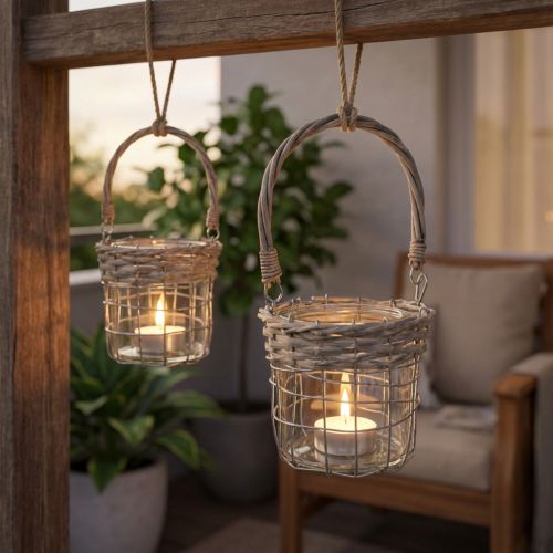 Artikel Windlicht Hängedeko Metall Glas Weide 2er Set Garten Balkon Vintage