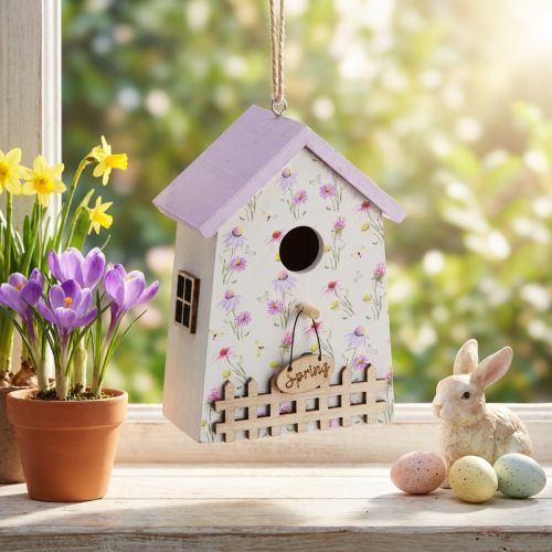 Artikel Frühlingsdeko Deko Vogelhaus Flieder Weiß 11cm 3er-Set, Holzhäuschen