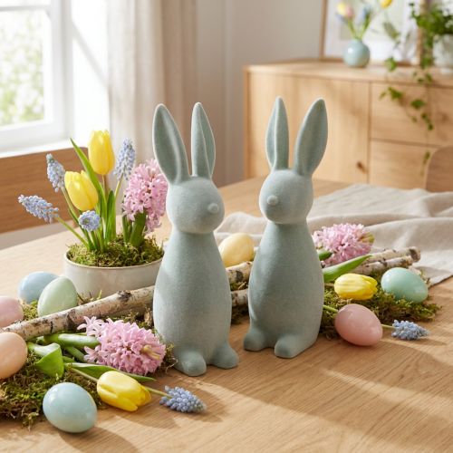 Deko Hase Deko-Osterhase Beflockt Graugrün H29,5cm 2 St | Floristik21.de