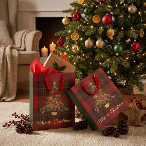 Weihnachtstüte kariert mit Henkeln, Christbaum-Motiv, 26x32x10cm, 4er-Set | Floristik21.de
