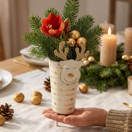 Rentier-Pflanztopf, Adventsdeko, Metalldeko, Übertopf für Weihnachten Weiß, Golden H28cm Ø8,5cm | Floristik21.de