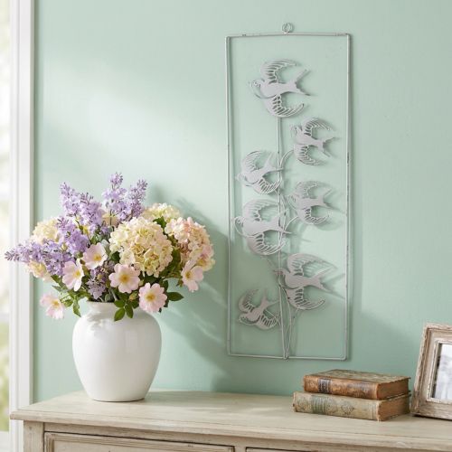 Schwalbendeko, Wandschmuck aus Metall, Vögel zum Hängen Weiß, Silbern Shabby Chic H47,5cm | Floristik21.de