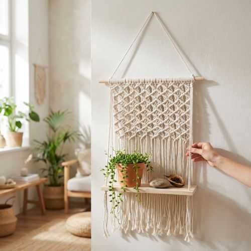 Makramee Blumenampel Boho Holzbrett 40x15cm Fensterdeko