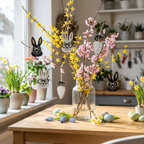 Holz Anhänger Hase mit Brille Möhre Glitter 4×7,5cm 9St | Floristik21.de