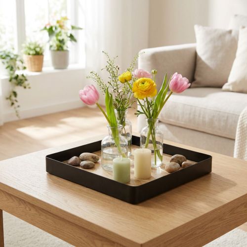 Deko Tablett Metall Holz quadratisch Natur Schwarz 25,5×25,5×4cm | Floristik21.de