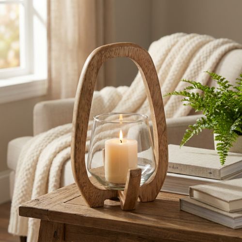 Laterne Holz Glas Windlicht Wohnzimmerdeko Ø12cm H20cm | Floristik21.de