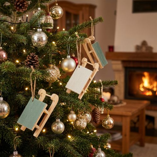 Deko Schlitten Holz zum Hängen Mint Grün Weiß 9,5cm 6St | Floristik21.de