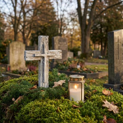 Artikel Grabschmuck Kreuz rustikal Grau Weiß Polyresin 12×7cm 6St