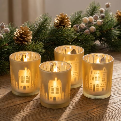 Windlicht "City Glow" Glas gold-silber Stadtsilhouette festlich H12,5cm Set 4